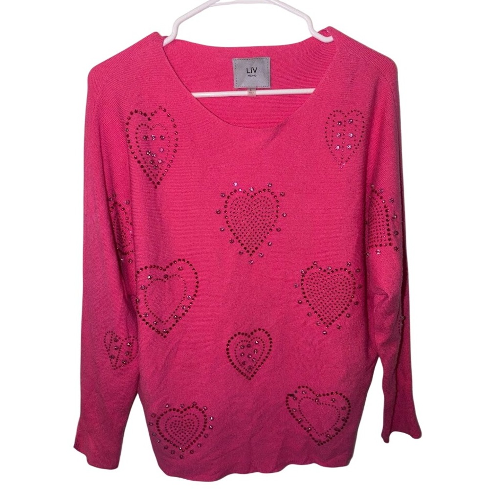 LIV Milano Womens Large Pink Heart Rhinestone Studded Scoop Neck Knit Sweater